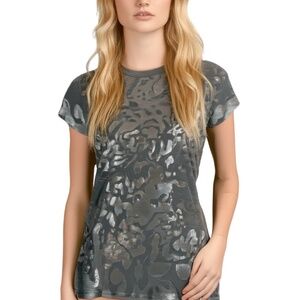 Womens‎ T-Shirt Small Grey Abstract Print Metallic Foil Crew Neck Grunge